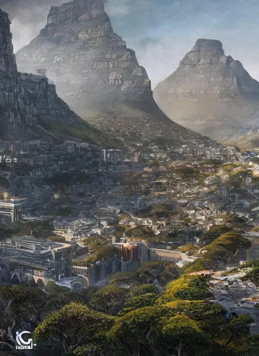 Image similar to chtulu attacking cape town city, table mountain, dense foliage beautiful details, strong composition by kim jung giu weta studio rutkowski, james gurney and greg rutkowski, and lucasfilm