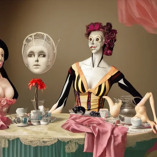 Image similar to A harlequin, an articulated mannequin, and an anatomical Venus are having a tea party, matte painting, artstation