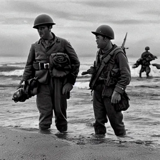 Prompt: Bert and Ernie storming Omaha beach in the movie saving private ryan