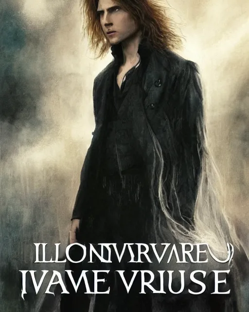 Prompt: alternate cover art for the movie interview with a vampire starring a long haired blonde tom cruise as lestat de lioncourt, face centered portrait, confident, unused design, nightmare world, fog, rain, volumetric lighting, realistic illustration, perfectly shaded, soft painting, art by krenz cushart and wenjun lin