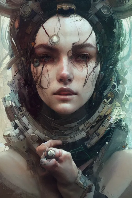 Prompt: A full portrait of a beautiful post apocalyptic offworld techsiren, intricate, elegant, highly detailed, digital painting, artstation, concept art, smooth, sharp focus, illustration, art by Krenz Cushart and Artem Demura and alphonse mucha