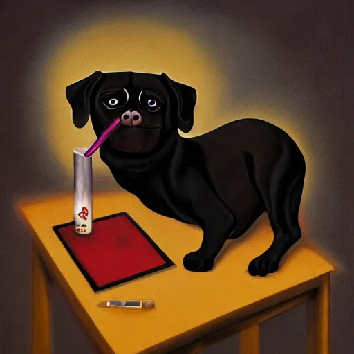 Image similar to portrait of a drunk and high black pugalier smoking a joint, painting, surrealism, extreme detail