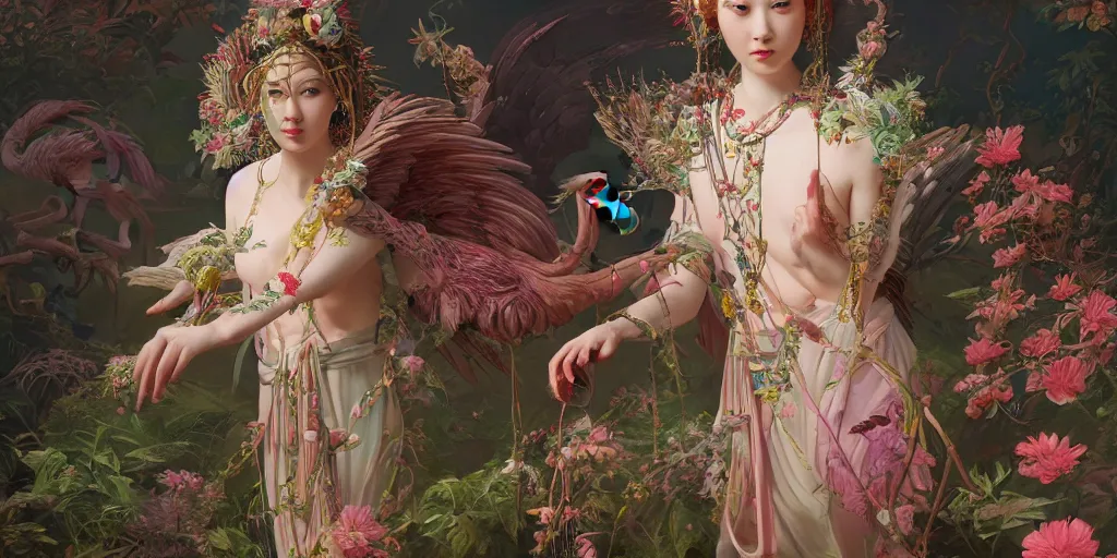 Image similar to breathtaking detailed concept art painting of the goddess of flamingo, orthodox saint, with anxious, piercing eyes, ornate background, amalgamation of leaves and flowers, by Hsiao-Ron Cheng and John James Audubon, extremely moody lighting, 8K