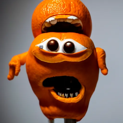 Image similar to a taxidermized annoying orange, in a museum, 8 5 mm lens, 7 0 mm entrance pupil diameter