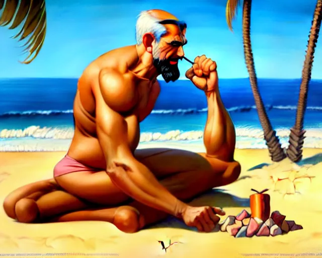 Prompt: muscular gandhi at the beach, sitting on the sand next to a campfire, with palm trees in the back, by artgerm, ilya kuvshinov katsuhiro villeneuve, jeremy lipkin and michael garmash and rob rey, disney pixar zootopia, by tristan eaton, stanley artgermm, tom bagshaw, greg rutkowski, carne griffiths