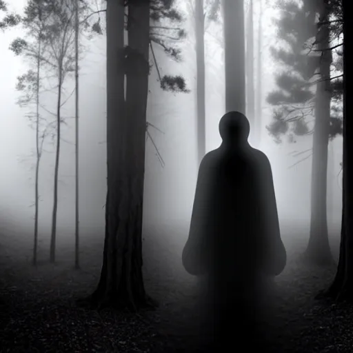 Image similar to shadow people in forest, staring at camera glowing white eyes, black and white, foggy, grainy, very old, creepy, eerie, unsettling