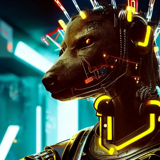 Image similar to cyborg cybernetic hyena, cyberpunk 2 0 7 7 style, wires and lights, multiple eyes resembling camera lenses, highly detailed