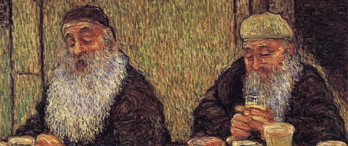 Image similar to a medieval monk drinking a mug of beer in his cell; detailed; a painting by Claude Monet