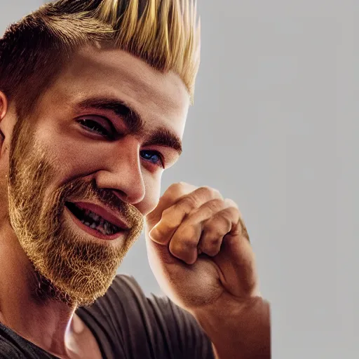 Image similar to attractive strong built irish english man with a chin beard and spiky blonde hair smiling at the camera, 3D octane render, character design