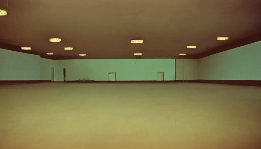 Image similar to 60s movie still of a sovietic stalinist style empty high ballroom, cinestill 800t 50mm eastmancolor, liminal Space style, heavy grain, flash-s 150