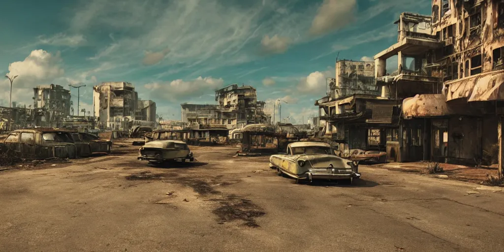 Prompt: wide angle shot of dilapidated fallout 5 tropical coastal city in real life, desolate, dilapidated, empty streets, nightmarish, some rusted retro futuristic fallout vintage style parked vehicles, sunny weather, few clouds, volumetric lighting, photorealistic, daytime, autumn, sharp focus, ultra detailed, cgsociety