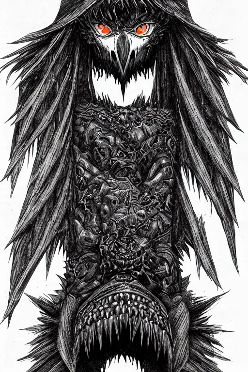 Image similar to raven monster, symmetrical, highly detailed, digital art, sharp focus, trending on art station, kentaro miura manga art style