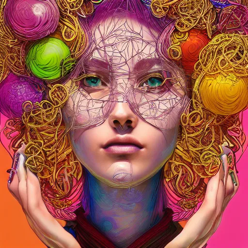 Prompt: the portrait of a ridiculously beautiful and pretty woman partially made of onion rings of all colors looking up, an ultrafine detailed illustration by james jean, final fantasy, intricate linework, bright colors, behance contest winner, vanitas, angular, altermodern, unreal engine 5 highly rendered, global illumination, radiant light, detailed and intricate environment