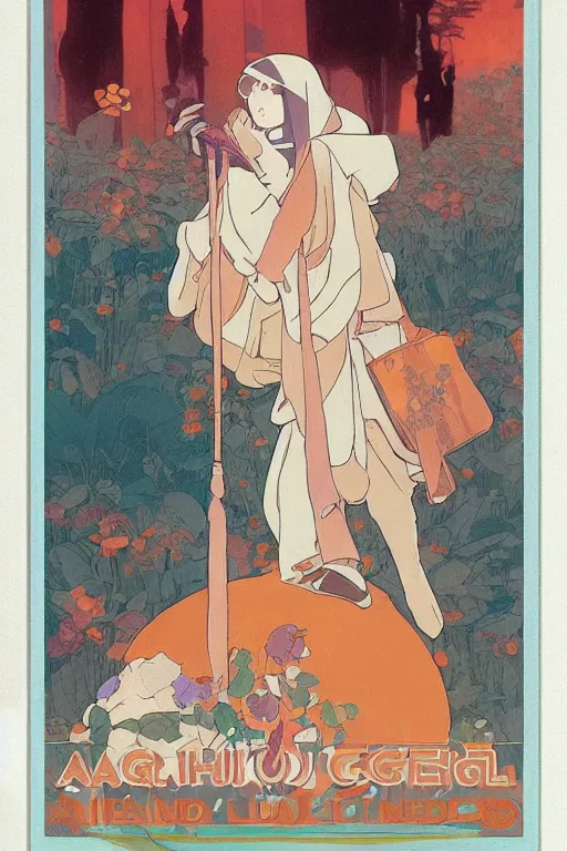 Image similar to a Girl in a large hood sitting on the ground and Slices of orange, cd and microphones float around ,Visual Communication Design by studio ghibli and mucha ,Refreshing colour