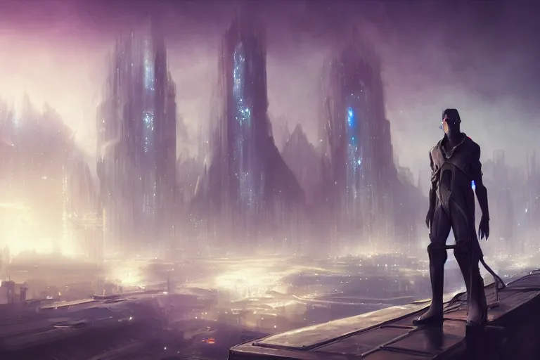 Image similar to a creepy cultist standing in a futuristic city by jessica rossier,