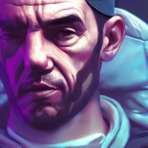 Image similar to disgusting portrait of a niko bellic, art by wlop and artgerm and liam wong, cyberpunk, neon, intricate details, trending on artstation, sharp focus, caustics, octane render, radiant light, 4 k