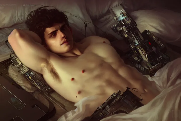 Image similar to ultra realistic, beautiful male plugged into the internet, laying in bed, sci - fi, intricate details, eerie, highly detailed, octane render, 8 k, art by artgerm and alphonse mucha and greg rutkowski