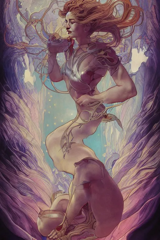 Image similar to swimming through time, by artgerm and yoshitaka amano and moebius and alphonse mucha, hyperdetailed, dc comics, ornate, nebula, explosions in the sky, trending on artstation