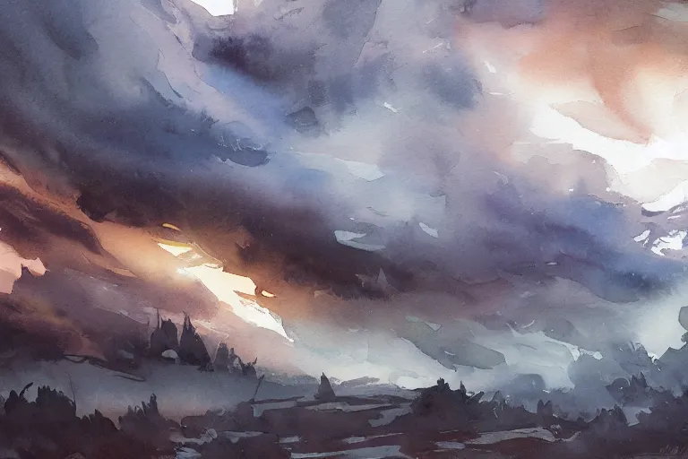 Prompt: small centered on watercolor paper, paint brush strokes, abstract watercolor painting of copper night sky over ancient silver forest, cinematic light, national romanticism by hans dahl, by jesper ejsing, by anders zorn, by greg rutkowski, by greg manchess, by tyler edlin, by craig mullins