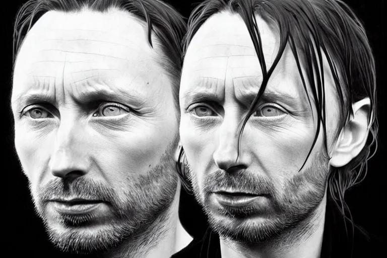 Image similar to hyper realistic portrait of thom yorke mixed with trent reznor, bigger forehead, bigger chin, from the side, by lee bermejo, alphonse mucha and greg rutkowski