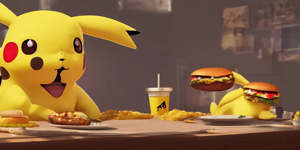Prompt: a realistic serious Pikachu alone next to a table eating a delicious hamburger, digital art, wide shot, highly detailed, hyperrealistic, photorealistic, unreal engine 5, very detailed, made by a professional 3d artist, dynamic lighting, trending on artstation, 4k uhd, epic composition, masterpiece