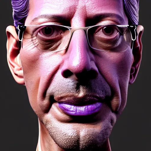 Image similar to close - up jeff goldblum face fused with violet plum ( ( lilac jeff goldblum's face ) ), jeff goldplum jeff goldblum sentient fruit, highly detailed, unreal engine, 3 d art, digital art, painting by greg rutkowski