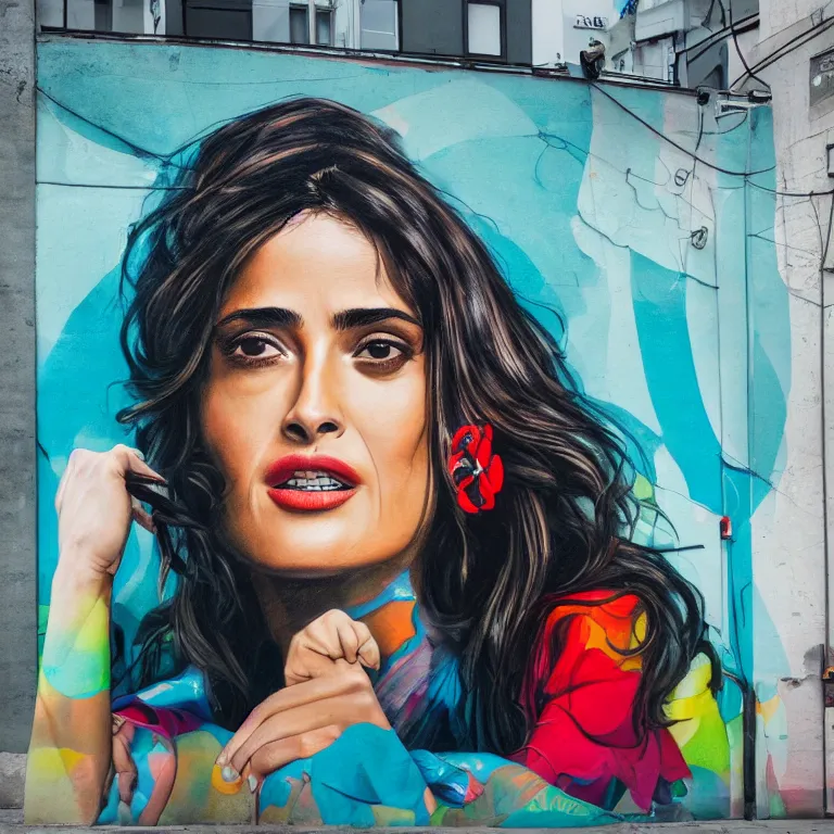 Prompt: Street-art mid-short portrait of Salma Hayek in style of Etam Cru, photorealism, Sony a7R