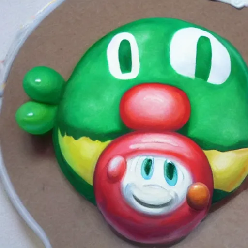 Prompt: oil on styrofoam crust - painting with melt of the yoshi story where baby mario is eaten by kirby