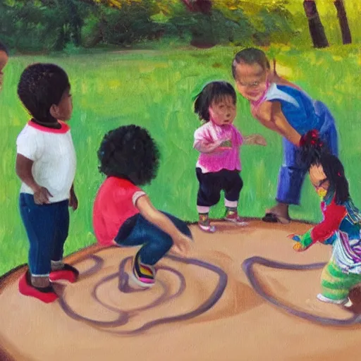 Prompt: an ethnically diverse group of toddlers. white. asian. hispanic. african. playing on a playground. oil on canvas exquisite. smooth. sharp focus. award winning. 8 k