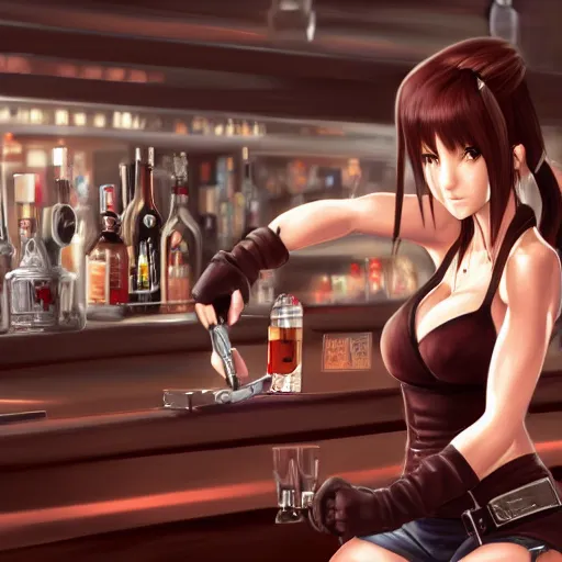 Image similar to high quality concept art of tifa lockhart working in her bar, detailed, trending on artstation