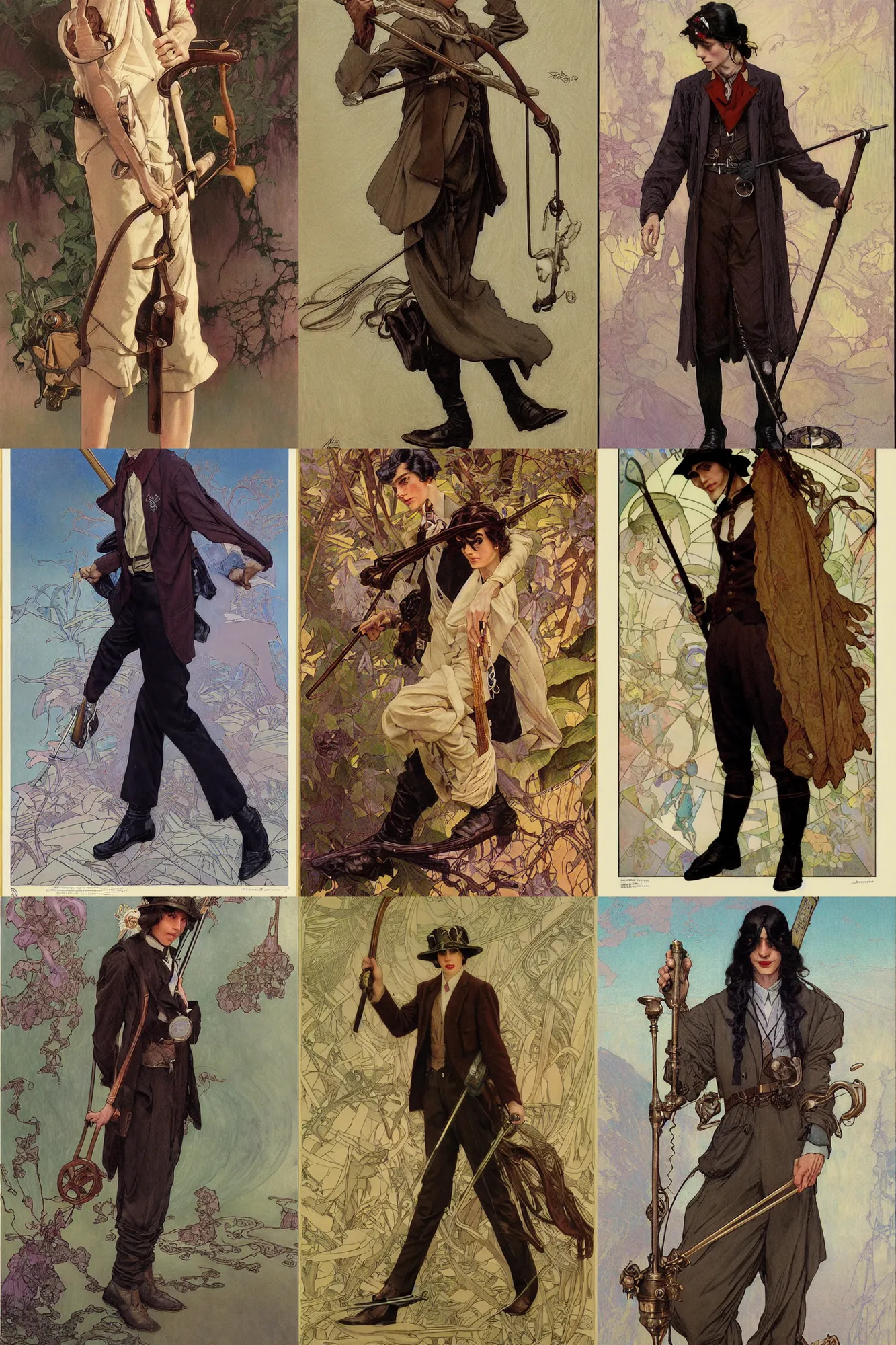 Prompt: young thin male with long dark hair holding walking cane, 1 9 2 0 s clothes, fantasy, art by joseph leyendecker, donato giancola, peter mohrbacher, ruan jia, marc simonetti, ayami kojima, cedric peyravernay, alphonse mucha, thomas kinkade, victo ngai