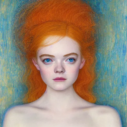 Prompt: Painting of Elle Fanning in orange tornado, long blonde hair, delicate, pale milky white porcelain skin, by Klimt. 8K. Extremely detailed.