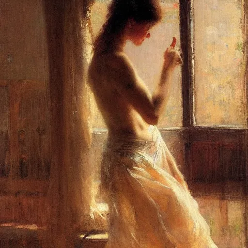 Prompt: portrait of a emotional dancer practicing alone, soft window light, long shadows, by gaston bussiere, jeremy mann.