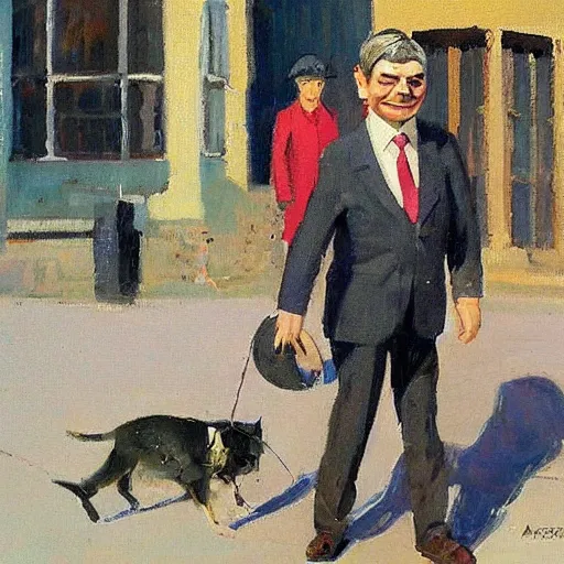 Prompt: mr. bean walks down a street on a sunny day by abram arkhipov