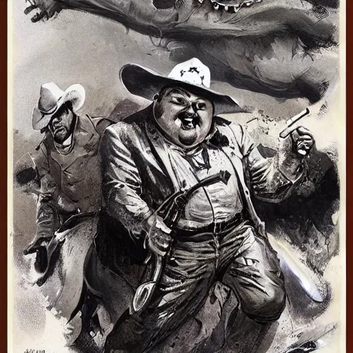 Prompt: cowboys shoot it out with a fat monster in a western town, 1890s, dynamic, by tom lovell and frank schoonover and dean cornwell and james gurney, arstation creature concept art