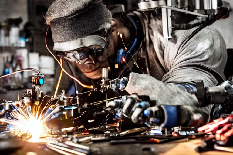 Image similar to cinematography closeup portrait of a Man soldering repairing robot parts in his garage by Michael Bay