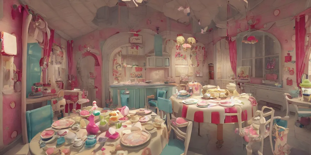 Image similar to a little smile in a house made of cake, the walls in biscuits, a chair in strawberry cake, the table in cake, kawaii, chris moore, trend on artstation