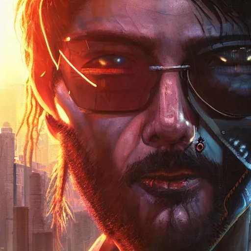 Image similar to cyberpunk, closeup portrait of a shaggy cyberpunk hacker, eye bags, dramatic light, city background, sunset, dystopian setting, high contrast, sharp, neuromancer, henry dorsett case, painted by stanley lau, painted by greg rutkowski, painted by stanley artgerm, digital art, trending on artstation