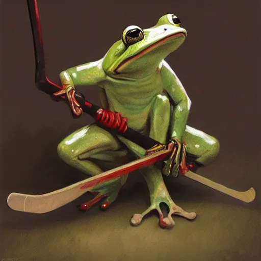 Image similar to frog wearing hockey uniform, intricate, sharp focus, illustration, highly detailed, digital painting, concept art, matte, art by ruan jia and wlop and greg rutkowski, masterpiece