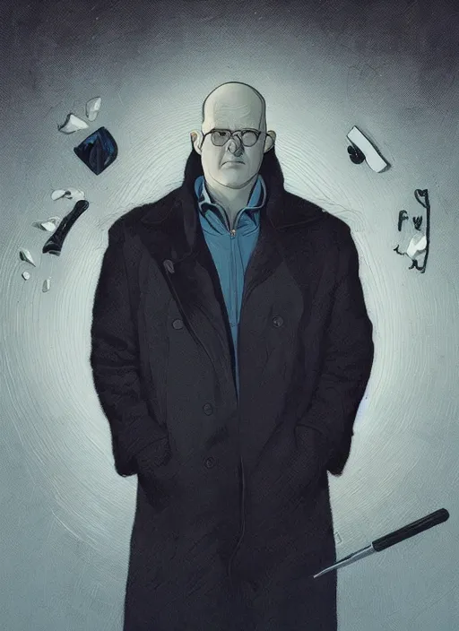 Image similar to poster artwork by Michael Whelan and Tomer Hanuka, Karol Bak of Jim Gaffigan hitman in peacoat from scene from Twin Peaks, clean, simple nostalgic, domestic