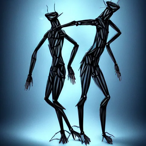 Image similar to Two humanoid creatures fused at the shoulders dancing on their pointy limbs. Award-winning digital art, trending on ArtStation