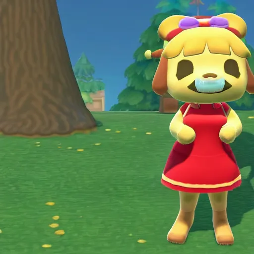 Prompt: thicc Isabelle from Animal Crossing, wearing a dress