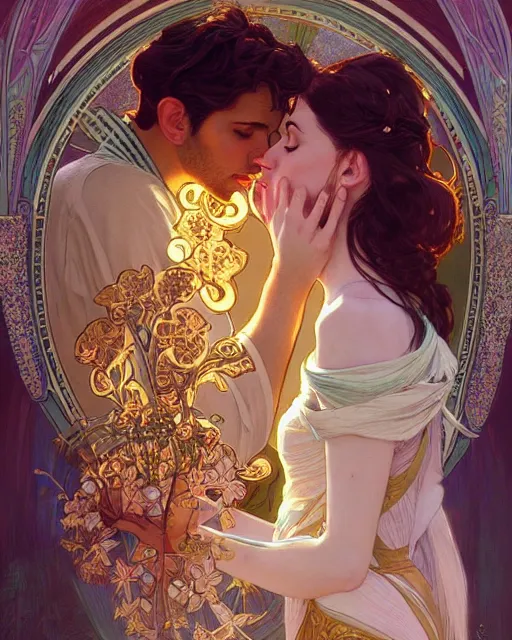 Image similar to the kiss | highly detailed | high coherence!! | very intricate | art nouveau | gold filigree | romantic storybook fantasy | soft cinematic lighting | award - winning | painted by mandy jurgens and alphonse mucha and alena aenami | pastel color palette | featured on artstation