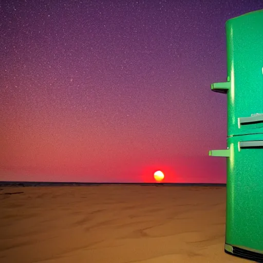 Image similar to purple refrigerator, red sand beach, green ocean, nebula sunset