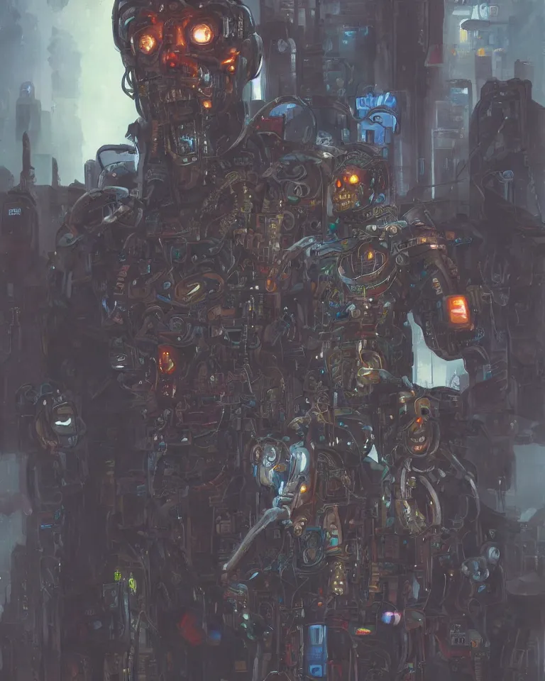 Image similar to an oil painting portrait of a cybernetic junkyard ghost, cyberpunk, shadowrun, in the style of brom