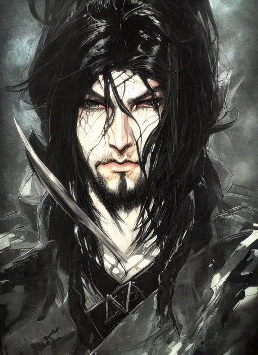 Image similar to Half body portrait of a handsome elven warrior with long black hair and facial hair wearing a black jacket. In style of Yoji Shinkawa and Hyung-tae Kim, trending on ArtStation, dark fantasy, great composition, concept art, highly detailed.