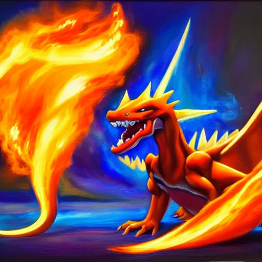 Image similar to an oil painting of the pokemon charizard, 4k