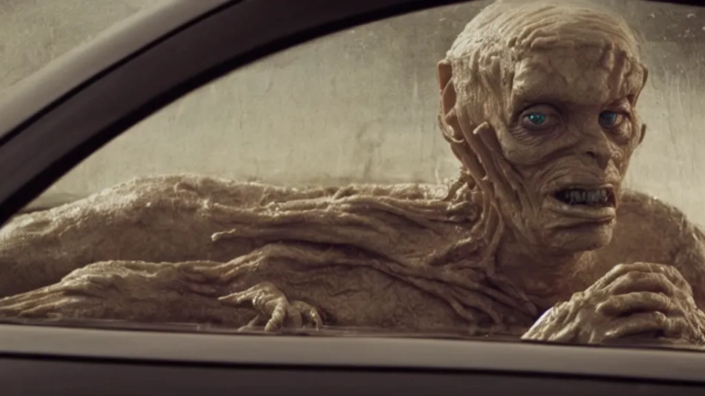 Image similar to the creature sits in a car, made of wax and metal, they look me in the eye, film still from the movie directed by Denis Villeneuve and David Cronenberg with art direction by Salvador Dalí, wide lens