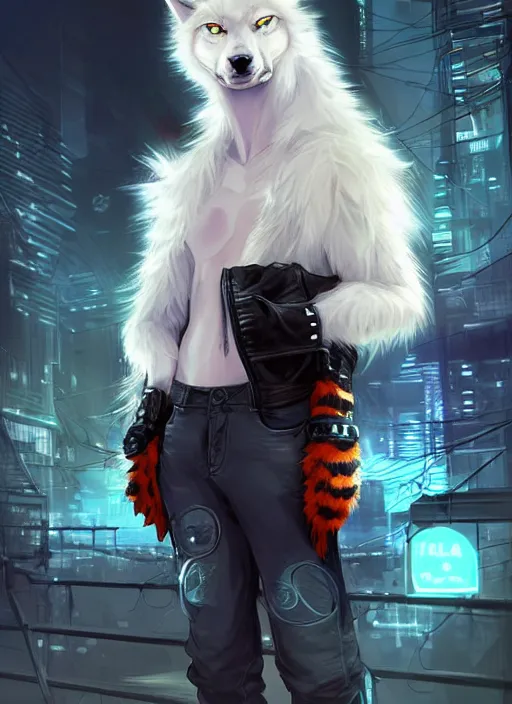 Image similar to award winning beautiful portrait commission of a male furry anthro albino wolf fursona with a tail and a cute beautiful attractive detailed furry face wearing stylish black and orange cyberpunk biker clothes in a cyberpunk city at night while it rains. Character design by charlie bowater, ross tran, artgerm, and makoto shinkai, detailed, inked, western comic book art