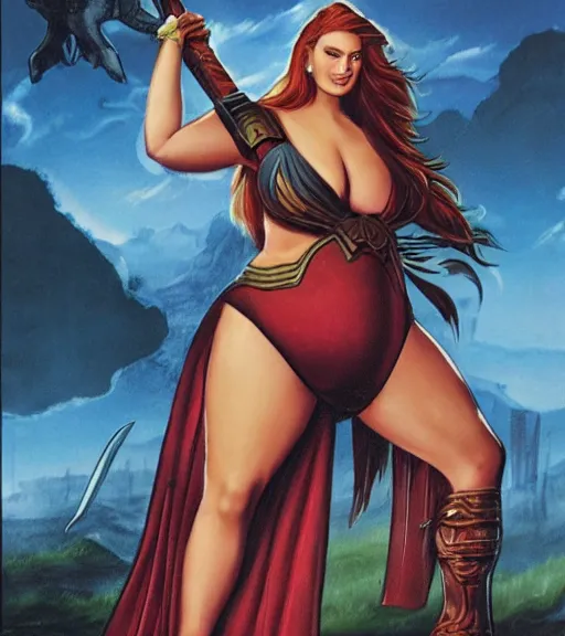 Image similar to 1 9 8 0 s fantasy novel book cover, bbw plus size amazonian sophie turner in extremely tight bikini armor wielding a cartoonishly large sword, exaggerated body features, dark and smoky background, low quality print
